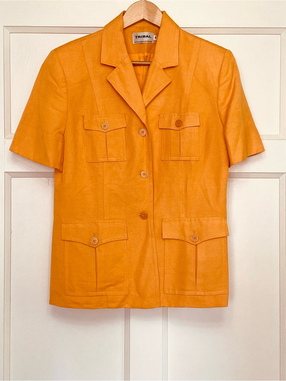 Vintage 80s Tribal Short-Sleeve Linen Blend Safari Style Blazer | Mango Orange